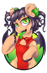 Size: 1237x1912 | Tagged: safe, artist:hobbes-maxwell, oc, oc only, oc:corona chan, species:bat pony, species:pony, cheongsam, clothing, coronavirus, covid-19, ear fluff, female, grin, simple background, smiling, solo, transparent background, virus, wings