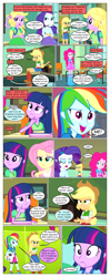 Size: 612x1553 | Tagged: safe, artist:greatdinn, artist:newbiespud, edit, edited screencap, screencap, character:applejack, character:fluttershy, character:pinkie pie, character:rainbow dash, character:rarity, character:twilight sparkle, comic:friendship is dragons, equestria girls:equestria girls, g4, my little pony: equestria girls, my little pony:equestria girls, apple, chalkboard, clothing, collaboration, comic, crossed arms, cutie mark, cutie mark on clothes, dialogue, disguise, dress, eyes closed, female, food, football, freckles, frown, hat, humane five, humane six, incomplete twilight strong, open mouth, screencap comic, smiling, sports, thinking, twilight strong, wig