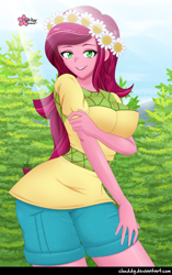 Size: 790x1258 | Tagged: safe, artist:clouddg, character:gloriosa daisy, equestria girls:legend of everfree, g4, my little pony: equestria girls, my little pony:equestria girls, breasts, busty gloriosa daisy, clothing, crepuscular rays, female, floral head wreath, flower, looking at you, open mouth, shorts, solo