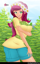 Size: 790x1258 | Tagged: safe, alternate version, artist:clouddg, character:gloriosa daisy, species:human, my little pony:equestria girls, breasts, busty gloriosa daisy, crepuscular rays, cute, female, floral head wreath, flower, flower in hair, human coloration, looking at you, open mouth, solo