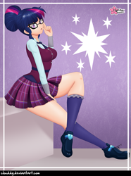 Size: 1135x1526 | Tagged: safe, alternate version, artist:clouddg, character:twilight sparkle, character:twilight sparkle (scitwi), species:eqg human, species:human, equestria girls:friendship games, g4, my little pony: equestria girls, my little pony:equestria girls, clothing, crystal prep academy uniform, female, glasses, human coloration, legs, looking at you, plaid skirt, pleated skirt, school uniform, shoes, skirt, socks, solo, thighs