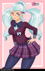 Size: 851x1352 | Tagged: safe, artist:clouddg, character:sugarcoat, species:human, equestria girls:friendship games, g4, my little pony: equestria girls, my little pony:equestria girls, breasts, busty sugarcoat, clothing, crystal prep academy uniform, female, glasses, human coloration, leggings, looking at you, open mouth, pigtails, plaid skirt, pleated skirt, school uniform, signature, skirt, solo, twintails