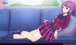 Size: 1600x963 | Tagged: safe, alternate version, artist:clouddg, character:sunny flare, species:human, equestria girls:friendship games, g4, my little pony: equestria girls, my little pony:equestria girls, adoraflare, adorasexy, clothing, couch, crystal prep academy uniform, cute, female, human coloration, humanized, legs, looking at you, lying down, miniskirt, open mouth, pillow, plaid skirt, pleated skirt, school uniform, sexy, skirt, solo, sunny flare's wrist devices, thighs
