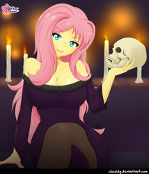 Size: 1083x1265 | Tagged: safe, alternate version, artist:clouddg, character:fluttershy, my little pony:equestria girls, big breasts, breasts, busty fluttershy, clothing, dia de los muertos, dress, female, looking at you, signature, skull, solo