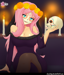 Size: 1083x1265 | Tagged: safe, alternate version, artist:clouddg, character:fluttershy, species:human, my little pony:equestria girls, bare shoulders, big breasts, breasts, busty fluttershy, calaverita, candle, cempasúchil, cleavage, clothing, dia de los muertos, dress, face paint, female, holiday, humanized, looking at you, signature, skull, solo