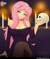 Size: 1083x1265 | Tagged: safe, alternate version, artist:clouddg, character:fluttershy, species:human, my little pony:equestria girls, bare shoulders, big breasts, breasts, busty fluttershy, candle, cleavage, clothing, dia de los muertos, dress, female, holiday, human coloration, looking at you, signature, skull, solo