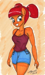 Size: 1426x2377 | Tagged: safe, artist:newyorkx3, oc, oc only, oc:fin, species:anthro, species:earth pony, species:pony, anthro oc, breasts, cleavage, clothing, female, mare, pigtails, shorts, smiling, tank top, traditional art, wide hips