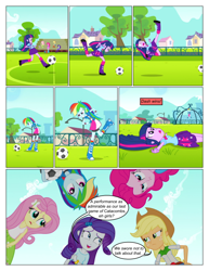 Size: 612x792 | Tagged: safe, artist:greatdinn, artist:newbiespud, edit, edited screencap, screencap, character:applejack, character:fluttershy, character:pinkie pie, character:rainbow dash, character:rarity, character:twilight sparkle, comic:friendship is dragons, equestria girls:equestria girls, g4, my little pony: equestria girls, my little pony:equestria girls, clothing, collaboration, comic, cutie mark, cutie mark on clothes, dialogue, eyes closed, female, football, frown, grin, hat, humane five, humane six, screencap comic, smiling, sports, unamused