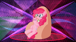 Size: 3840x2160 | Tagged: safe, artist:cyanlightning, artist:laszlvfx, edit, character:pinkie pie, species:earth pony, species:pony, cupcake, female, food, glasses, high res, hoof hold, mare, solo, wallpaper, wallpaper edit