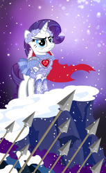 Size: 732x1200 | Tagged: safe, artist:pixelkitties, character:rarity, species:pony, species:unicorn, armor, armorarity, army, cape, cliff, clothing, female, fire ruby, frown, glare, laurel wreath, mare, snow, snowfall, snowflake, solo, spear, weapon, wreath