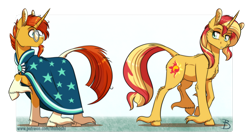 Size: 1024x575 | Tagged: safe, artist:inuhoshi-to-darkpen, artist:parclytaxel, character:sunburst, character:sunset shimmer, species:classical unicorn, species:pony, species:unicorn, chest fluff, clothing, cousins, ear fluff, female, glasses, hoof fluff, leonine tail, long feather, looking at each other, looking back, male, mare, robe, stallion, sunburst's glasses, sunburst's robe, sunny siblings, unshorn fetlocks