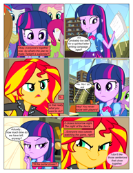Size: 612x792 | Tagged: safe, artist:greatdinn, artist:newbiespud, edit, edited screencap, screencap, character:applejack, character:fluttershy, character:pinkie pie, character:rainbow dash, character:rarity, character:spike, character:sunset shimmer, character:twilight sparkle, species:dog, comic:friendship is dragons, equestria girls:equestria girls, g4, my little pony: equestria girls, my little pony:equestria girls, backpack, book, bookcase, clothing, collaboration, comic, cutie mark, cutie mark on clothes, dialogue, eyes closed, female, grin, humane five, humane six, library, male, scheming, screencap comic, smiling, smirk, spike the dog, thinking