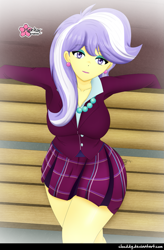 Size: 1057x1613 | Tagged: safe, artist:clouddg, character:upper crust, equestria girls:friendship games, g4, my little pony: equestria girls, my little pony:equestria girls, big breasts, breasts, busty upper crust, clothing, crystal prep academy uniform, female, jewelry, looking at you, necklace, plaid skirt, pleated skirt, school uniform, signature, skirt, solo