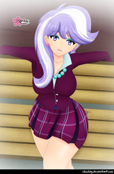 Size: 1048x1600 | Tagged: safe, alternate version, artist:clouddg, character:upper crust, species:human, equestria girls:friendship games, g4, my little pony: equestria girls, my little pony:equestria girls, big breasts, breasts, busty upper crust, clothing, crystal prep academy uniform, human coloration, jewelry, necklace, plaid skirt, pleated skirt, school uniform, skirt