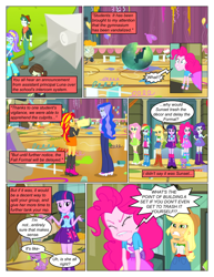 Size: 612x792 | Tagged: safe, artist:greatdinn, artist:newbiespud, edit, edited screencap, screencap, character:applejack, character:fluttershy, character:pinkie pie, character:princess luna, character:rainbow dash, character:rarity, character:spike, character:sunset shimmer, character:twilight sparkle, character:vice principal luna, species:dog, comic:friendship is dragons, equestria girls:equestria girls, g4, my little pony: equestria girls, my little pony:equestria girls, angry, annoyed, clothing, collaboration, comic, cutie mark, cutie mark on clothes, dialogue, eyes closed, female, gym, hat, humane five, humane six, male, screencap comic, shrug, spike the dog, vice principal luna