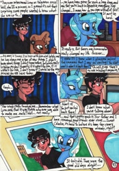 Size: 2068x2978 | Tagged: safe, artist:newyorkx3, part of a set, character:princess luna, oc, oc:tommy, species:alicorn, species:human, species:pony, comic:young days, comic, dialogue, part of a series, s1 luna, tongue out, traditional art