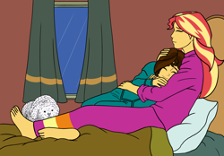 Size: 1200x833 | Tagged: safe, artist:linedraweer, character:sunset shimmer, oc, oc:elvis, my little pony:equestria girls, barefoot, bed, brother and sister, commission, cuddling, eyes closed, feet, female, hug, male, plushie, siblings, snuggling, window