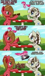 Size: 1280x2164 | Tagged: safe, artist:clouddg, character:pinkie pie, oc, oc:lovelace, oc:pun, species:earth pony, species:pony, ask pun, ask, bullet bill, dialogue, eyes closed, female, happy, mare, pronking, super mario bros.