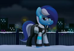 Size: 800x552 | Tagged: safe, artist:jhayarr23, oc, oc only, oc:brushie brusha, species:earth pony, species:pony, android, city, cityscape, clothing, cosplay, costume, detroit: become human, female, jacket, looking at you, mare, night, rk900, robot, robot pony, snow, solo