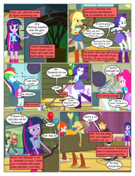 Size: 612x792 | Tagged: safe, artist:greatdinn, artist:newbiespud, edit, edited screencap, screencap, character:applejack, character:pinkie pie, character:rainbow dash, character:rarity, character:twilight sparkle, comic:friendship is dragons, equestria girls:equestria girls, g4, my little pony: equestria girls, my little pony:equestria girls, broom, clothing, collaboration, comic, cutie mark, cutie mark on clothes, dialogue, female, freckles, gym, hat, male, screencap comic, smiling