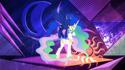 Size: 3840x2160 | Tagged: safe, artist:90sigma, artist:laszlvfx, artist:santafer, edit, character:princess celestia, character:princess luna, species:alicorn, species:pony, duo, female, mare, ponies riding ponies, riding, royal sisters, wallpaper, wallpaper edit