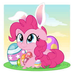 Size: 5000x4935 | Tagged: safe, artist:jhayarr23, part of a set, character:pinkie pie, species:earth pony, species:pony, absurd resolution, bunny ears, cloud, cute, diapinkes, easter, easter bunny, easter egg, female, floppy ears, holiday, jhayarr23 is trying to murder us, mare, prone, sky, solo, weapons-grade cute, ych result
