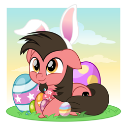 Size: 5000x4935 | Tagged: safe, artist:jhayarr23, part of a set, oc, oc only, oc:ace play, species:earth pony, species:pony, absurd resolution, bunny ears, cute, easter, easter bunny, easter egg, facial hair, floppy ears, goatee, holiday, male, ocbetes, prone, solo, stallion, ych result