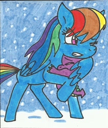 Size: 580x688 | Tagged: safe, artist:cmara, character:rainbow dash, character:spike, species:dragon, species:pegasus, species:pony, angry, blizzard, duo, female, holding a dragon, male, mare, one eye closed, snow, snowfall, traditional art, wing shelter