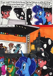 Size: 2081x2976 | Tagged: safe, artist:newyorkx3, character:princess luna, oc, oc:tommy, oc:tommy junior, species:alicorn, species:earth pony, species:pony, comic:young days, comic, concert, drums, guitar, microphone, musical instrument, stage