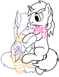 Size: 2066x2719 | Tagged: safe, artist:djdavid98, derpibooru original, oc, oc only, oc:lunar-rose, oc:shining silverdiamond, species:bat pony, species:pony, species:unicorn, clothing, commission, fangs, holding hooves, looking at each other, nuzzling, on side, scarf, simple background, sketch, snuggling, socks, striped socks, top down, white background