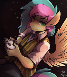 Size: 1042x1200 | Tagged: safe, artist:foxinshadow, oc, oc only, species:anthro, species:pegasus, species:pony, black background, clothing, controller, male, signature, simple background, smiling, solo