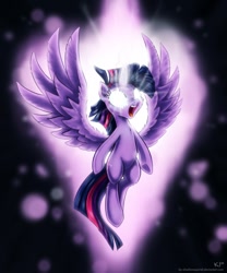 Size: 1000x1200 | Tagged: safe, artist:kp-shadowsquirrel, character:twilight sparkle, character:twilight sparkle (alicorn), species:alicorn, species:pony, episode:magical mystery cure, g4, my little pony: friendship is magic, apotheosis, bipedal, female, glowing eyes, halo, magic, magic overload, mare, open mouth, solo, spread wings, wings