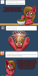 Size: 1200x2404 | Tagged: safe, artist:clouddg, oc, oc:pun, species:earth pony, species:pony, ask pun, ask, bacon, comic, food, meat, ponies eating meat, salad