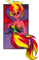 Size: 1280x1984 | Tagged: safe, artist:wubcakeva, character:sunset satan, character:sunset shimmer, equestria girls:equestria girls, g4, my little pony: equestria girls, my little pony:equestria girls, big crown thingy, clothing, dark magic, demon, dress, element of magic, female, jewelry, magic, open mouth, regalia, sharp teeth, simple background, solo, sunset satan, teeth, transparent background