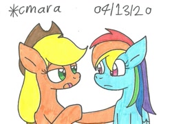 Size: 893x645 | Tagged: safe, artist:cmara, character:applejack, character:rainbow dash, species:earth pony, species:pegasus, species:pony, applejack's hat, bust, clothing, cowboy hat, duo, female, hat, looking at each other, mare, traditional art