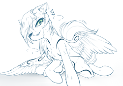 Size: 2388x1668 | Tagged: safe, artist:swaybat, oc, oc only, oc:cynosura, species:pegasus, species:pony, body markings, body painting, female, kneeling, lineart, looking at you, mare, monochrome, pegasus oc, simple background, sketch, solo, sweat, wet, wet mane, white background, wings