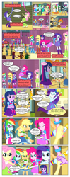 Size: 612x1553 | Tagged: safe, artist:greatdinn, artist:newbiespud, edit, edited screencap, screencap, character:applejack, character:fluttershy, character:pinkie pie, character:rainbow dash, character:rarity, character:twilight sparkle, equestria girls:equestria girls, g4, my little pony: equestria girls, my little pony:equestria girls, clothing, collaboration, comic, cutie mark, cutie mark on clothes, dialogue, dress, eyes closed, female, female pov, glasses, gym, hat, male, mane six, microphone, offscreen character, pov, screencap comic, smiling, stage