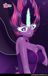 Size: 793x1265 | Tagged: safe, artist:clouddg, character:midnight sparkle, character:twilight sparkle, character:twilight sparkle (scitwi), species:eqg human, equestria girls:legend of everfree, g4, my little pony: equestria girls, my little pony:equestria girls, breasts, busty twilight sparkle, choker, cleavage, female, looking at you, midnight sparkle, sexy, solo