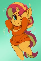 Size: 1244x1878 | Tagged: safe, artist:arnachy, character:sunset shimmer, species:anthro, species:pony, species:unicorn, chibi, clothing, cute, digital art, female, keyhole turtleneck, mare, shimmerbetes, smiling, solo, sweater, turtleneck