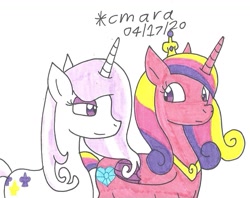 Size: 1053x833 | Tagged: safe, artist:cmara, character:fleur-de-lis, character:princess cadance, species:pony, species:unicorn, ship:fleurdance, crown, duo, female, infidelity, jewelry, lesbian, looking at each other, mare, regalia, shipping, traditional art