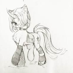 Size: 1271x1280 | Tagged: safe, artist:swaybat, oc, oc only, species:pony, species:unicorn, bag, choker, clothing, female, fishnets, looking at you, monochrome, saddle bag, sketch, socks, solo, traditional art
