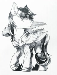 Size: 971x1280 | Tagged: safe, artist:swaybat, oc, oc only, species:pegasus, species:pony, clothing, male, monochrome, sketch, solo, spread wings, stallion, wings