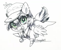 Size: 1280x1046 | Tagged: safe, artist:swaybat, oc, oc only, species:pegasus, species:pony, chibi, clothing, female, hat, mare, sketch, solo