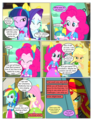 Size: 612x792 | Tagged: safe, artist:greatdinn, artist:newbiespud, edit, edited screencap, screencap, character:applejack, character:fluttershy, character:pinkie pie, character:rainbow dash, character:rarity, character:sunset shimmer, character:twilight sparkle, comic:friendship is dragons, equestria girls:equestria girls, g4, my little pony: equestria girls, my little pony:equestria girls, animal ears, clothing, collaboration, comic, crossed arms, cutie mark, cutie mark on clothes, dialogue, dress, evil grin, eyes closed, female, grin, hiding, humane five, humane six, makeup, one eye closed, screencap comic, smiling, wink