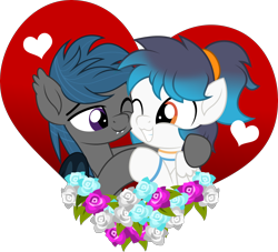 Size: 5000x4545 | Tagged: safe, artist:jhayarr23, part of a set, oc, oc only, oc:jason, oc:nocturne star, species:bat pony, species:pegasus, species:pony, bat pony oc, bat wings, big eyes, blue mane, couple, flower, gay, half body, heart, holiday, hug, love, male, nuzzles, pegasus oc, pegasus wings, rose, simple background, stallion, transparent background, valentine's day, wings, ych result
