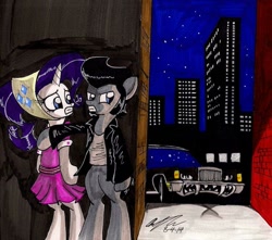 Size: 951x841 | Tagged: safe, artist:newyorkx3, character:rarity, oc, oc:sketchy, species:earth pony, species:pony, species:unicorn, camping outfit, canon x oc, christine, city, clothing, dress, fangs, female, ghost car, horn, light, lincoln (car), lincoln continental, male, mare, night, stallion, traditional art