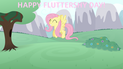 Size: 3840x2160 | Tagged: safe, artist:dashiesparkle, artist:zutheskunk edits, character:fluttershy, species:pegasus, species:pony, bush, eyes closed, female, flower, fluttershy day, flying, mare, mountain, smiling, spread wings, tree, vector, wings