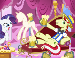 Size: 900x696 | Tagged: safe, artist:pixelkitties, character:flim, character:rarity, angry, apple cider (drink), carousel boutique, cider, fainting couch, glare, grin, hoof hold, mannequin, open mouth, pixelkitties' brilliant autograph media artwork, sam vincent, smiling