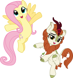 Size: 5566x5946 | Tagged: safe, artist:jhayarr23, artist:ninjashadow-x, artist:xpesifeindx, character:autumn blaze, character:fluttershy, species:kirin, species:pegasus, species:pony, absurd resolution, bipedal, duo, female, mare, simple background, transparent background, vector