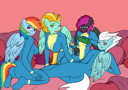 Size: 1754x1240 | Tagged: safe, artist:linedraweer, character:fleetfoot, character:lightning dust, character:rainbow dash, oc, oc:neon flare, species:anthro, alcohol, ass, bedroom eyes, breasts, butt, clothing, commission, female, harem, lidded eyes, looking at you, looking back, looking back at you, looking over shoulder, one eye closed, open mouth, sideboob, tongue out, uniform, wine, wings, wink, winking at you, wonderbolts uniform